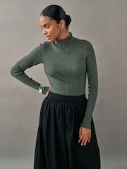Green Khaki High Roll Neck Rib Knitted Jumper with Wool - Image 1 of 7