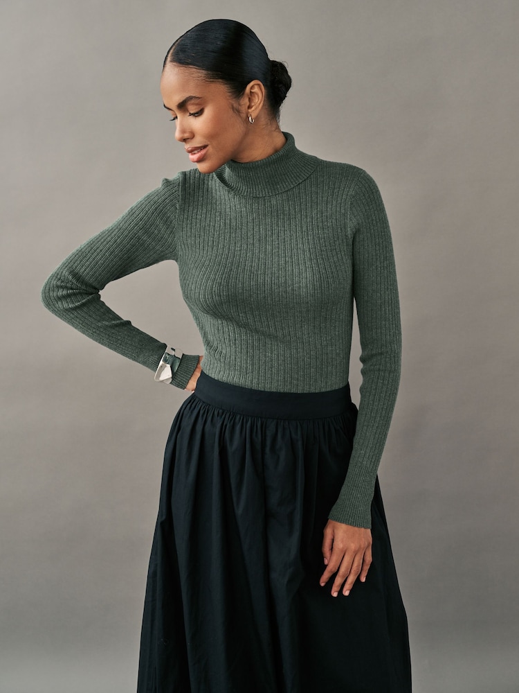 Green Khaki High Roll Neck Rib Knitted Jumper with Wool - Image 1 of 7