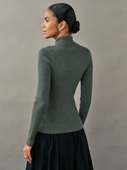 Green Khaki High Roll Neck Rib Knitted Jumper with Wool - Image 3 of 7