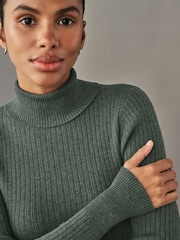 Green Khaki High Roll Neck Rib Knitted Jumper with Wool - Image 4 of 7