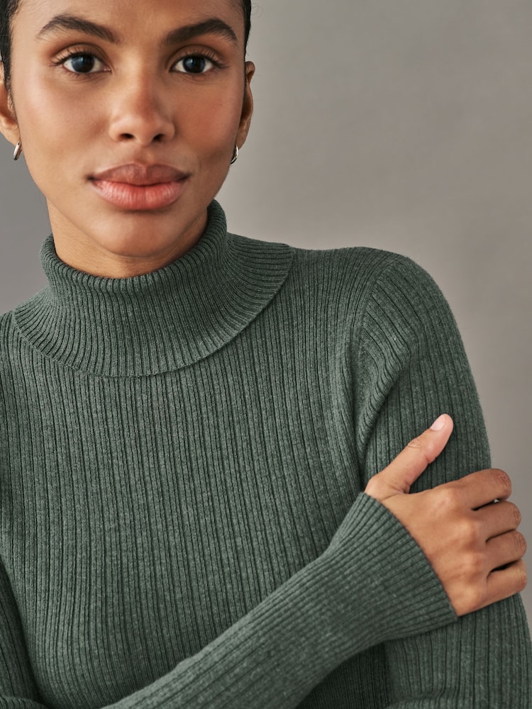 Green Khaki High Roll Neck Rib Knitted Jumper with Wool - Image 4 of 7