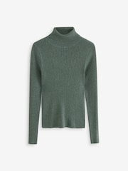 Green Khaki High Roll Neck Rib Knitted Jumper with Wool - Image 5 of 7