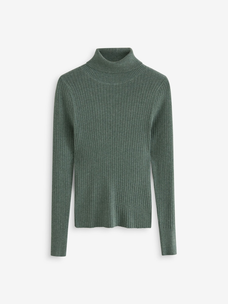 Green Khaki High Roll Neck Rib Knitted Jumper with Wool - Image 5 of 7
