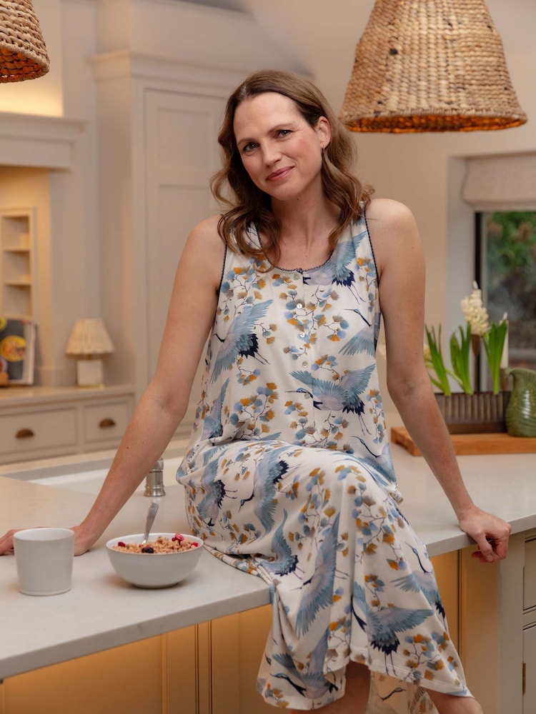 Nora Rose Crane Print Long Jersey Nightdress - 圖片 1，共 4