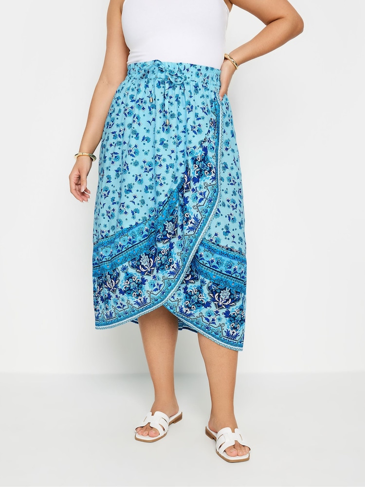 Yours Curve Blue LIMITED COLLECTION Curve Blue Floral Print Wrap Skirt - Image 2 of 5