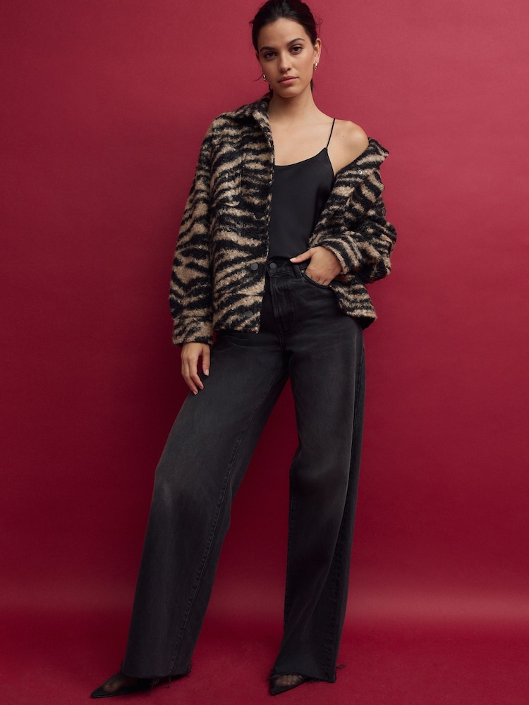 Neutral Borg Zebra Print Fleece Shacket - Image 1 of 7
