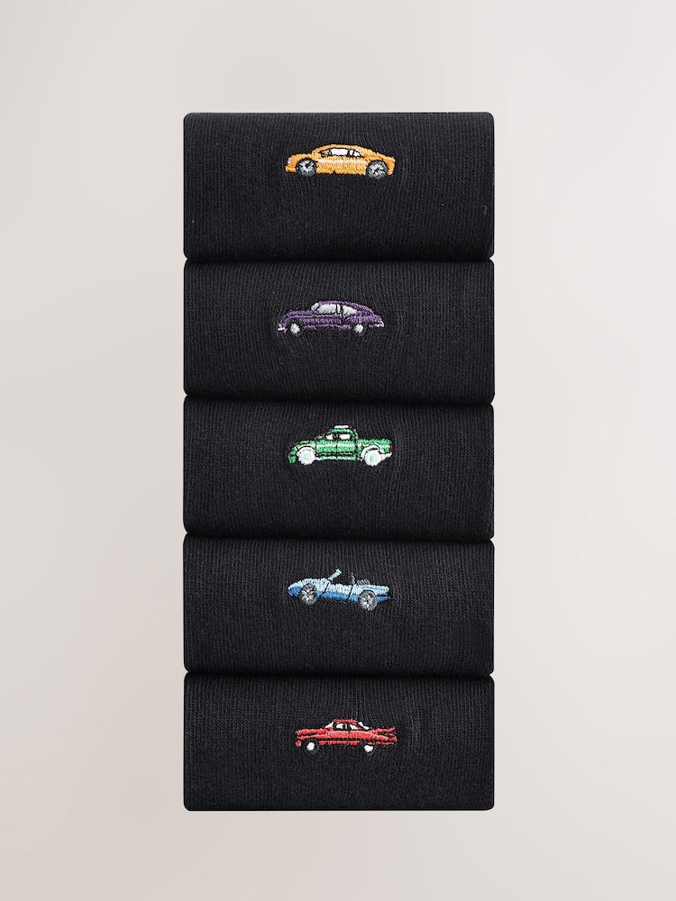 Black Cars Fun Embroidered Socks 5 Pack - Image 1 of 8