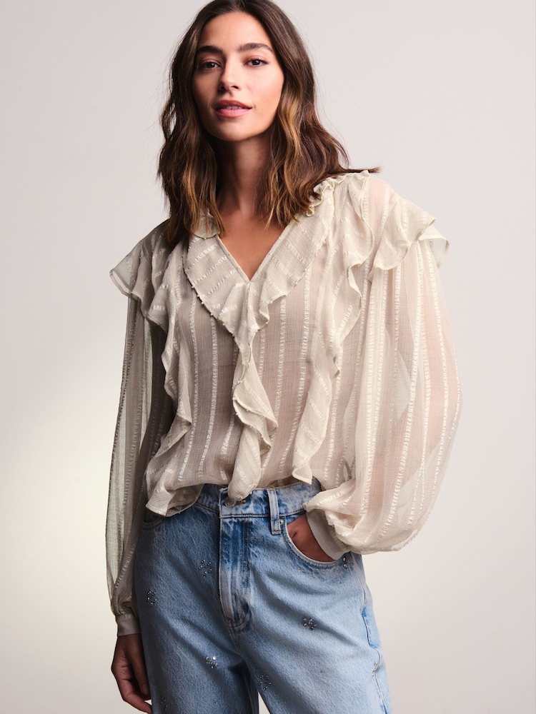 Neutral Sheer Long Sleeve Embellished Ruffle Blouse - Image 1 of 7