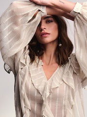 Neutral Sheer Long Sleeve Embellished Ruffle Blouse - Image 3 of 7