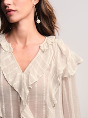 Neutral Sheer Long Sleeve Embellished Ruffle Blouse - Image 4 of 7