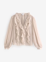 Neutral Sheer Long Sleeve Embellished Ruffle Blouse - Image 6 of 7