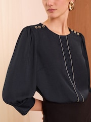 Love & Roses Navy Blue Satin Pintuck Crew Neck Button Detail Long Sleeve Blouse - Image 2 of 4