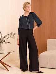 Love & Roses Navy Blue Satin Pintuck Crew Neck Button Detail Long Sleeve Blouse - Image 3 of 4