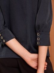 Love & Roses Navy Blue Satin Pintuck Crew Neck Button Detail Long Sleeve Blouse - Image 4 of 4