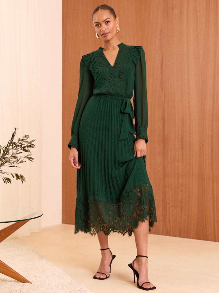 Love & Roses Green Petite Pleated Long Sleeve Lace Detail Midi Dress - Image 1 of 4 Love & Roses Green Petite Pleated Long Sleeve Lace Detail Midi Dress - Image 1 of 4