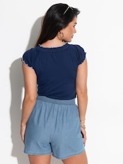 Pour Moi Blue Connie Shirred Stretch Waist Chambray Shorts - Image 2 of 4