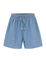 Pour Moi Blue Connie Shirred Stretch Waist Chambray Shorts - Image 3 of 4