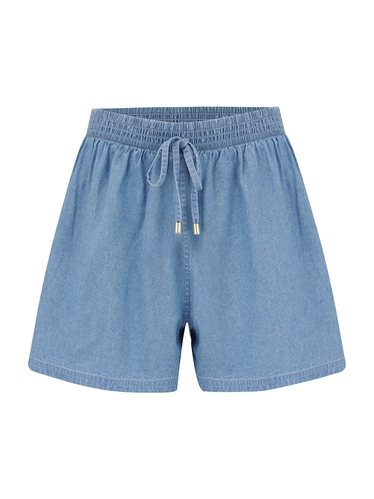 Pour Moi Blue Connie Shirred Stretch Waist Chambray Shorts - Image 3 of 4