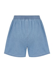 Pour Moi Blue Connie Shirred Stretch Waist Chambray Shorts - Image 4 of 4