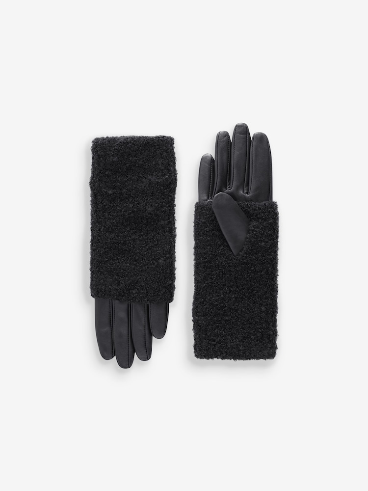 Black Bouclé Cuff Leather Gloves - Image 1 of 1