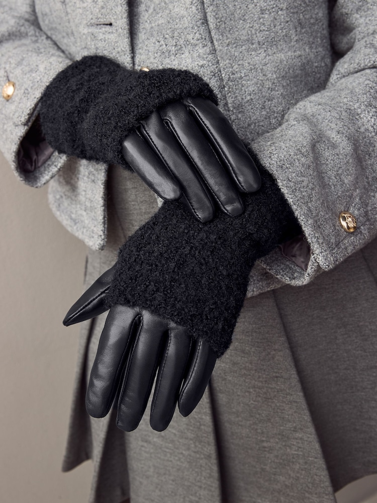Black Bouclé Cuff Leather Gloves - Image 2 of 3