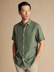 Charles Tyrwhitt Green Slim Fit Plain Short Sleeve Pure 100% Linen Shirt - Image 1 of 5