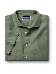 Charles Tyrwhitt Green Slim Fit Plain Short Sleeve Pure 100% Linen Shirt - Image 3 of 5