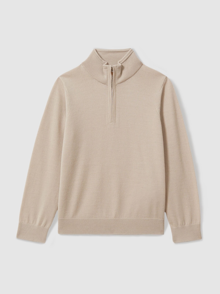 Reiss Washed Stone Blackhall 3-9 yrs Merino Wool Half-Zip Funnel Neck Jumper - Image 2 of 4