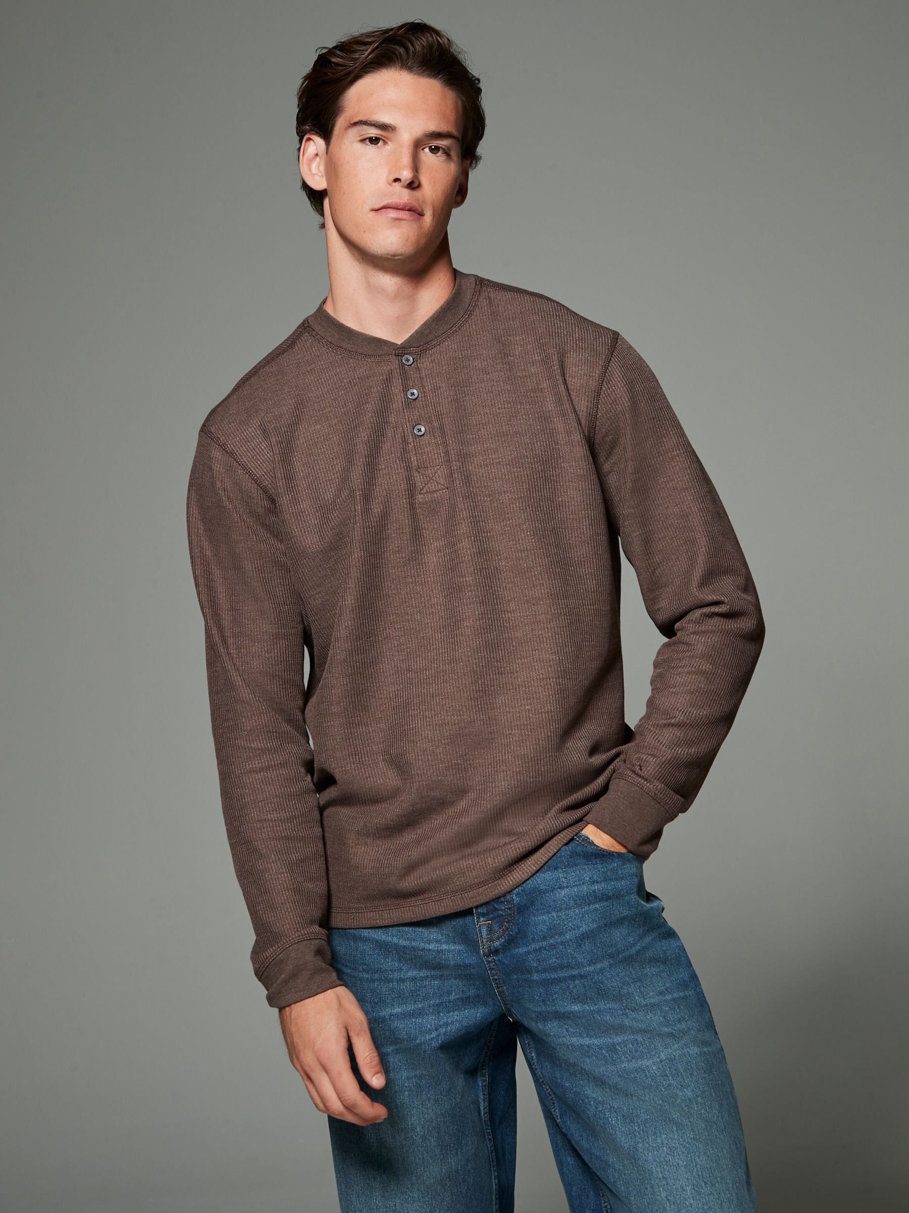 Buy Brown Ribbed Textured Long Sleeve Grandad T-Shirt from Next USA