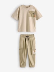 kameno siva - Utility 100% Cotton kratek rokav; s kratkimi rokavi majica and lahke hlače za prosti čas Set (3-16yrs) - Slika 1 iz 4