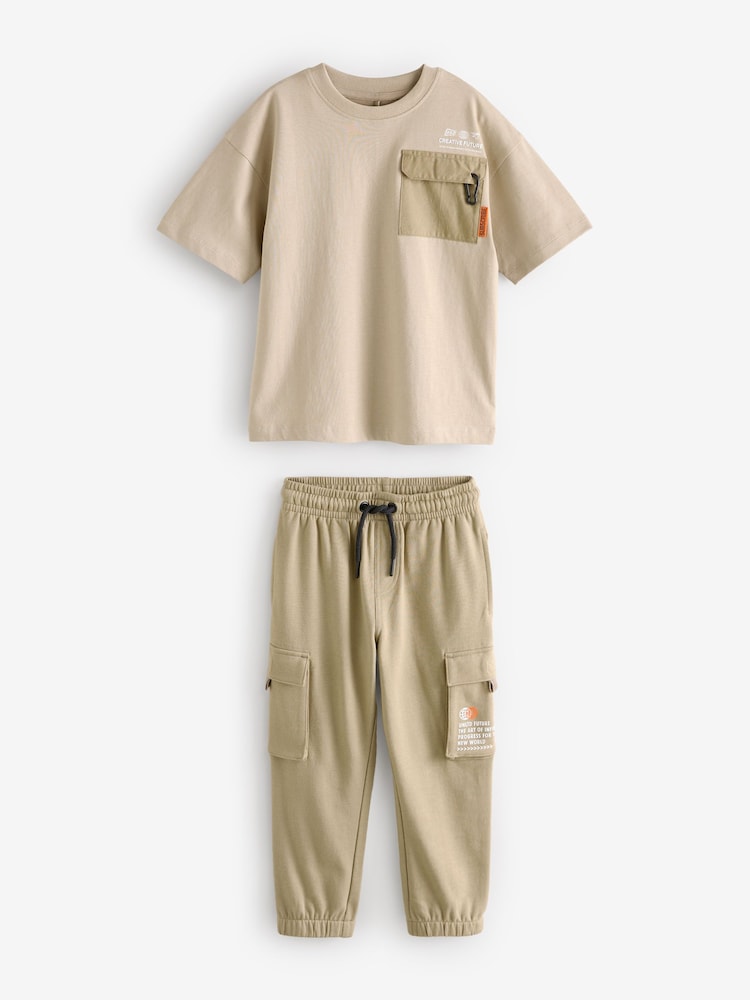 kameno siva - Utility 100% Cotton kratek rokav; s kratkimi rokavi majica and lahke hlače za prosti čas Set (3-16yrs) - Slika 1 iz 4