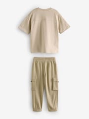 kameno siva - Utility 100% Cotton kratek rokav; s kratkimi rokavi majica and lahke hlače za prosti čas Set (3-16yrs) - Slika 2 iz 4