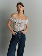 Marineblau/weiß gestreift - Bardot Off The Shoulder Summer Ribbed Top - Bild 1 von 6