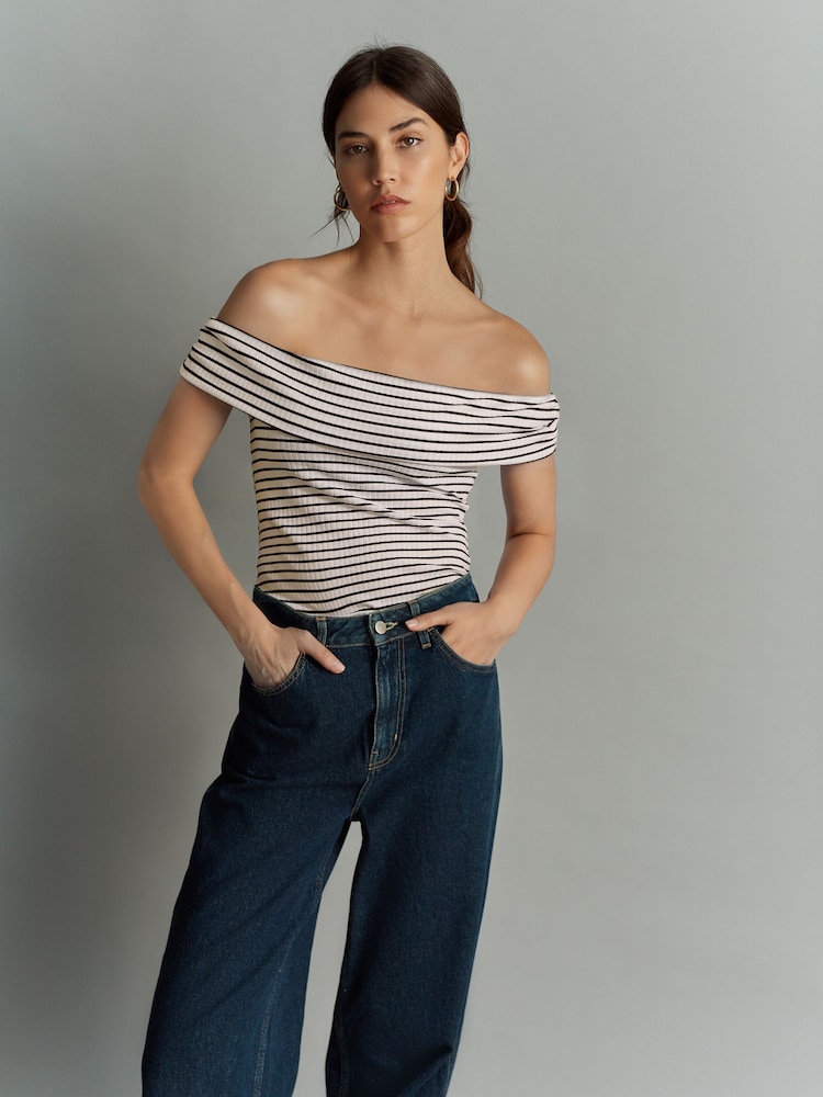 Marineblau/weiß gestreift - Bardot Off The Shoulder Summer Ribbed Top - Bild 1 von 6