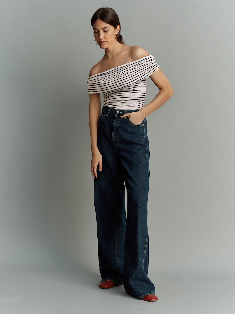 Marineblau/weiß gestreift - Bardot Off The Shoulder Summer Ribbed Top - Bild 2 von 6
