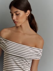 Marineblau/weiß gestreift - Bardot Off The Shoulder Summer Ribbed Top - Bild 3 von 6
