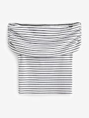 Marineblau/weiß gestreift - Bardot Off The Shoulder Summer Ribbed Top - Bild 5 von 6