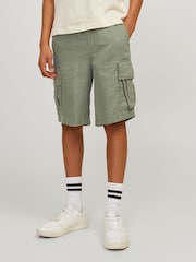 Зеленый - Синие свободные шорты-карго из ткани с добавлением льна JACK & JONES JUNIOR - Изображение 1 из 8