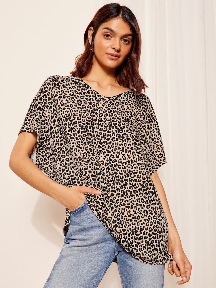 Friends Like These Leopard Browm Short Sleeve V Neck Tunic Top - Image 1 of 4 Friends Like These Leopard Browm Short Sleeve V Neck Tunic Top - Image 1 of 4