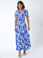 Roman Blue Floral Print Button Detail Maxi Dress - Image 1 of 5