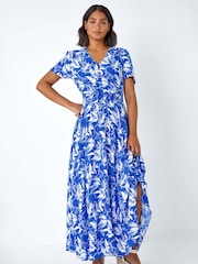 Roman Blue Floral Print Button Detail Maxi Dress - Image 2 of 5