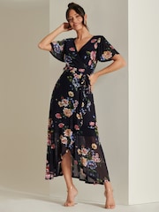 Jolie Moi Blue Frill Dip Hem Mesh Midi Dress - Image 1 of 6