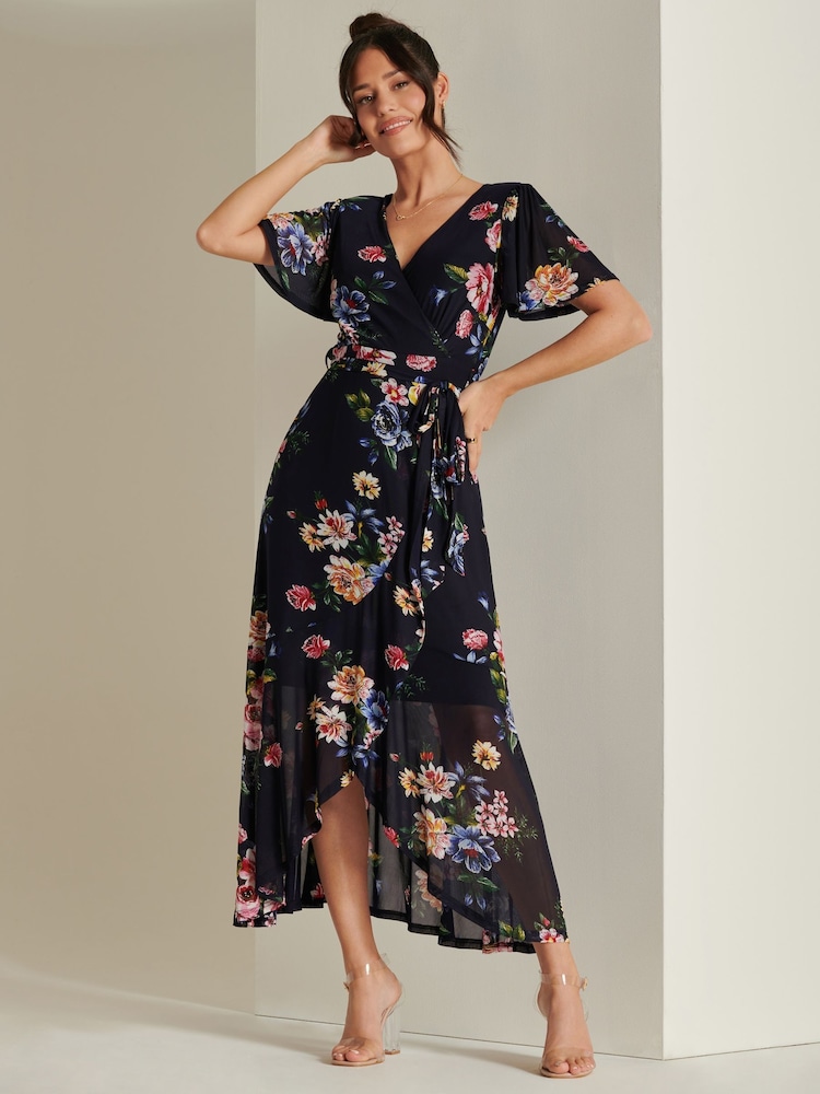 Jolie Moi Blue Frill Dip Hem Mesh Midi Dress - Image 1 of 6
