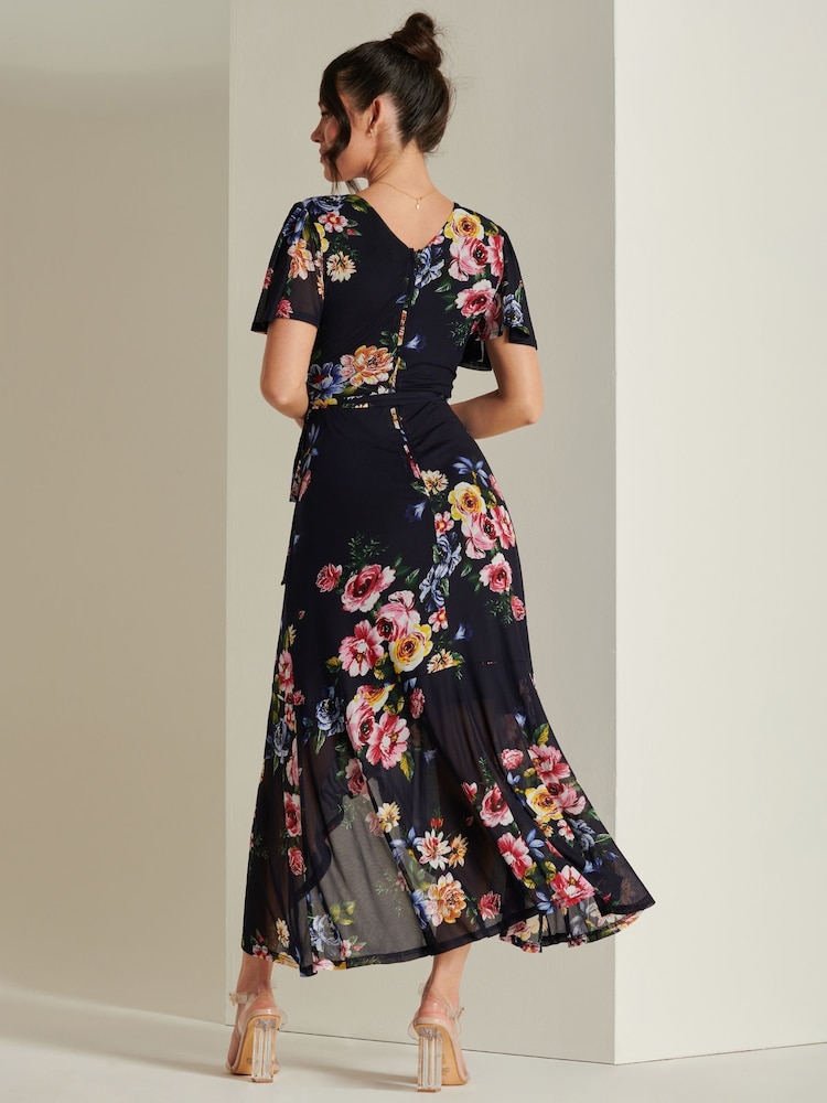 Jolie Moi Blue Frill Dip Hem Mesh Midi Dress - Image 2 of 6