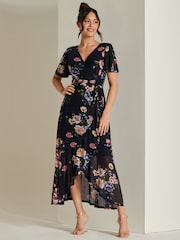 Jolie Moi Blue Frill Dip Hem Mesh Midi Dress - Image 4 of 6