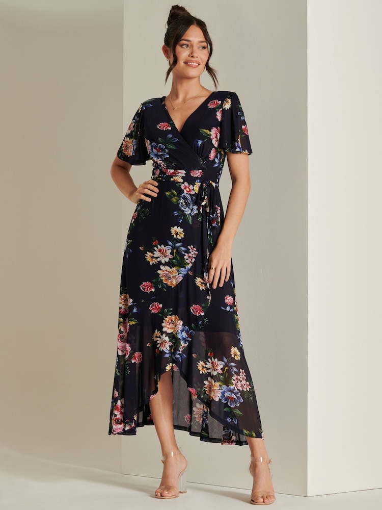 Jolie Moi Blue Frill Dip Hem Mesh Midi Dress - Image 4 of 6
