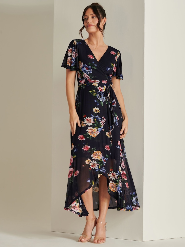 Jolie Moi Blue Frill Dip Hem Mesh Midi Dress - Image 6 of 6