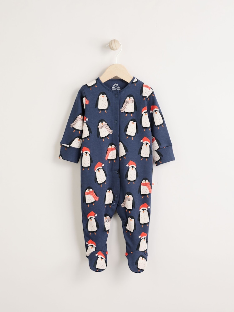Navy Baby Matching Family Christmas Penguin Zip 100% Cotton Sleepsuit (0mths-2yrs) - Image 1 of 10
