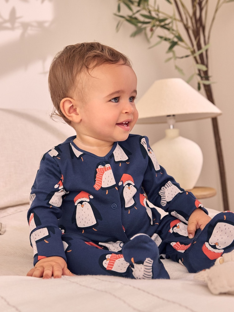 Navy Baby Matching Family Christmas Penguin Zip 100% Cotton Sleepsuit (0mths-2yrs) - Image 10 of 10