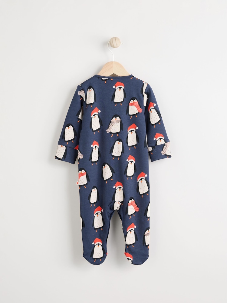 Navy Baby Matching Family Christmas Penguin Zip 100% Cotton Sleepsuit (0mths-2yrs) - Image 2 of 10